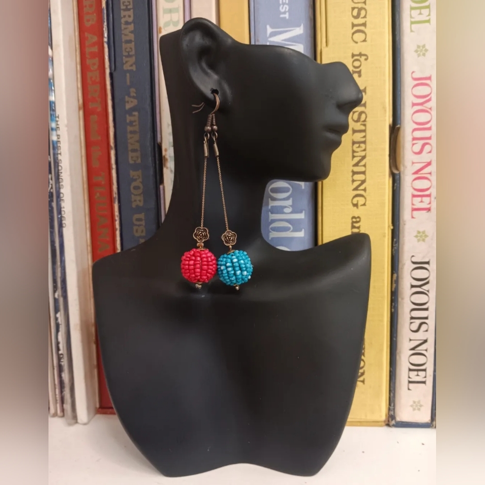 Dangling Chain Beaded Ball Earrings